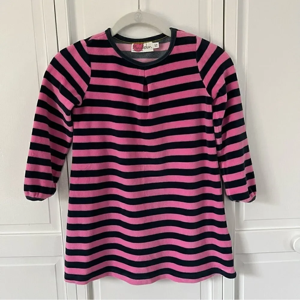 Mini Boden Girls Long Sleeve Velour Dress Pink and Navy Blue Striped Size 5-6